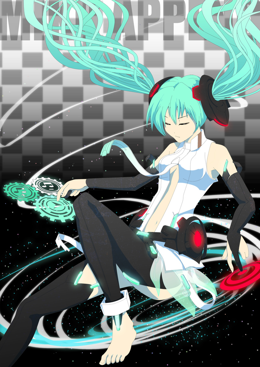 absurdres aqua_hair bad_id bad_pixiv_id barefoot center_opening character_name checkered checkered_background closed_eyes feet floating_hair hatsune_miku hatsune_miku_(append) highres hologram holographic_interface infinote long_hair necktie solo twintails vocaloid vocaloid_append