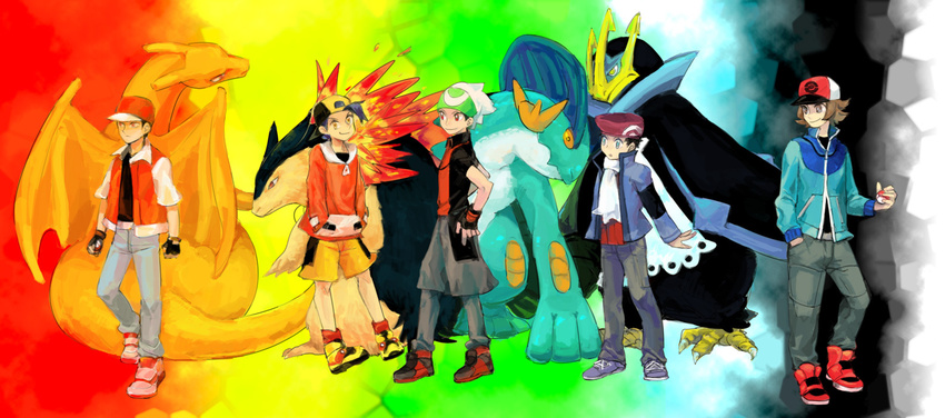 alternate_costume backwards_hat bad_id bad_pixiv_id baseball_cap beanie beret charizard coat empoleon gen_1_pokemon gen_2_pokemon gen_3_pokemon gen_4_pokemon gold_(pokemon) hat holding holding_poke_ball kouki_(pokemon) male_focus multiple_boys poke_ball pokemon pokemon_(creature) pokemon_(game) pokemon_bw pokemon_dppt pokemon_emerald pokemon_gsc pokemon_platinum pokemon_rgby pokemon_rse rainbow_background red_(pokemon) red_(pokemon_rgby) swampert touya_(pokemon) typhlosion uncom winter_clothes yuuki_(pokemon)