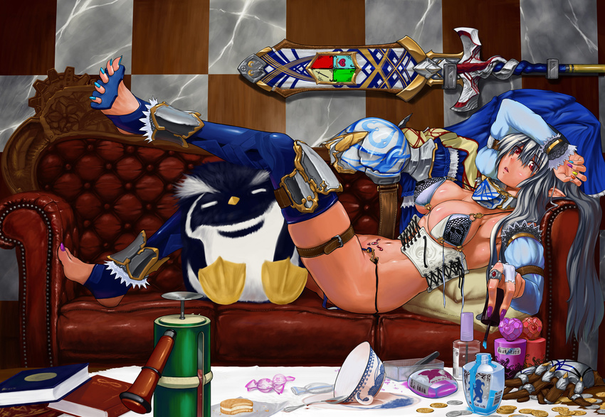anklet armor barefoot bikini_armor bird coin copyright_request corset cup elf feet green_hair highres jewelry lying monster_hunter multicolored multicolored_nails nail_polish nora_(nora7) penguin pointy_ears red_eyes solo sword toeless_legwear toes weapon