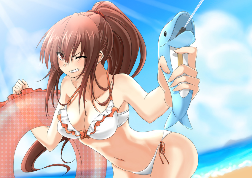 bad_id bad_pixiv_id beach bikini breasts brown_eyes brown_hair cleavage day frilled_bikini frills highres innertube kamo_(yokaze) large_breasts light_rays original ponytail side-tie_bikini solo sunbeam sunlight swimsuit water_gun wince