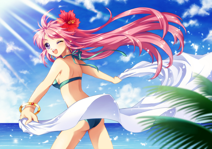 bad_id bad_pixiv_id bikini bracelet earrings flower hair_flower hair_ornament hibiscus highres jewelry light_rays looking_back mauve ocean one_eye_closed original outstretched_arms pink_hair purple_eyes solo spread_arms sunbeam sunlight swimsuit towel