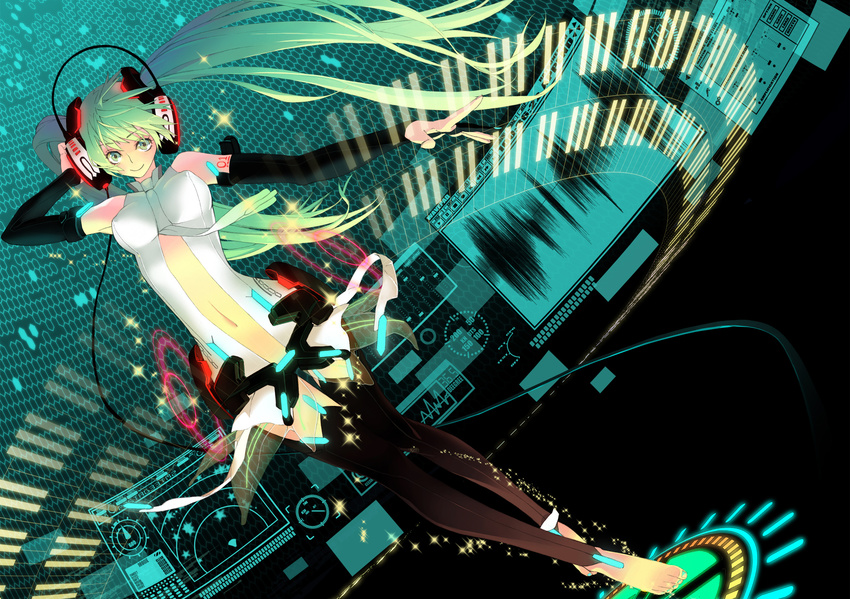 aqua_hair arm_behind_head bad_id bad_pixiv_id bare_shoulders barefoot curved_monitor detached_sleeves dial dutch_angle fingerless_gloves gloves hatsune_miku hatsune_miku_(append) headphones hexagon highres holographic_interface holographic_monitor long_hair monitor navel outstretched_arm panoramic_monitor piano_keys rozer smile solo sparkle twintails very_long_hair vocaloid vocaloid_append waveform