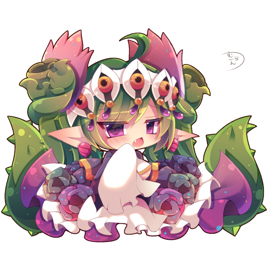 ahoge bangs blush breasts chestnut_mouth chibi commentary_request dress eyebrows_visible_through_hair fang flower green_flower green_hair green_rose hair_ornament highres large_breasts last_period long_hair long_sleeves meldia_(last_period) muuran open_mouth plant pointy_ears purple_eyes rose signature sleeves_past_fingers sleeves_past_wrists solo thorns very_long_hair vines white_dress