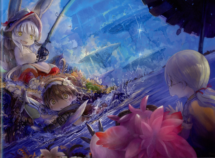 1girl 1other animal_ears blonde_hair blush brown_hair bunny_ears fishing_rod furry hair_ribbon highres holding holding_fishing_rod long_hair looking_at_another made_in_abyss mitty_(made_in_abyss) mitty_(made_in_abyss)_(furry) multiple_girls nanachi_(made_in_abyss) official_art open_mouth parted_lips red_ribbon regu_(made_in_abyss) ribbon riko_(made_in_abyss) scan short_hair smile swimming tsukushi_akihito twintails water white_hair yellow_eyes