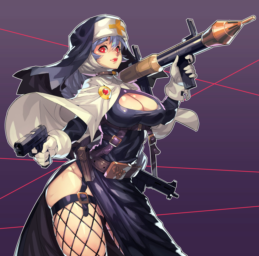 absurdres black_dress blue_hair breasts cape choker cleavage cleavage_cutout cross dress fengmo fishnet_legwear fishnets garter_straps gun habit handgun highres large_breasts lips looking_at_viewer machine_gun nun original pistol purple_background red_eyes rocket_launcher rpg side_slit smile solo weapon white_cape