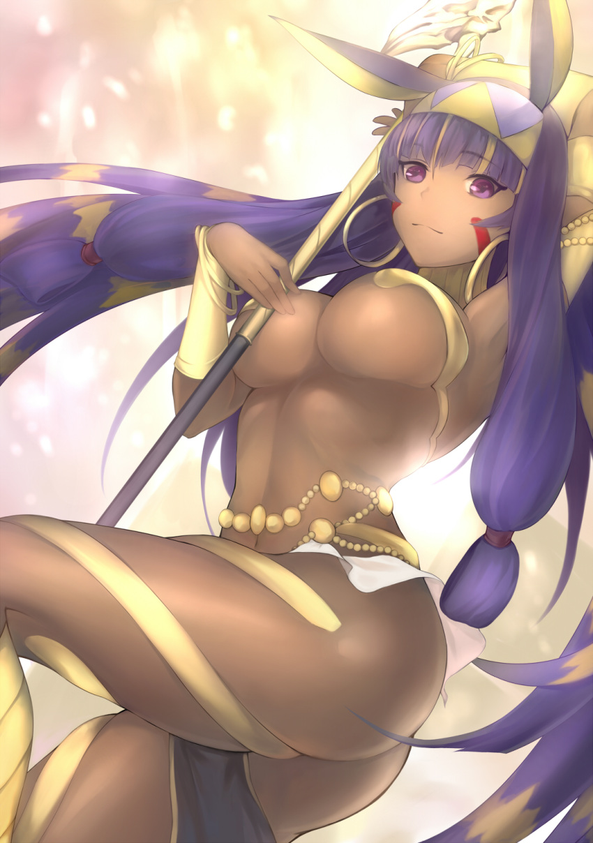 animal_ears arm_up armlet armpits ass bangs belly_chain bk201 blunt_bangs bracelet breasts chain commentary dark_skin earrings egyptian egyptian_clothes eyebrows_visible_through_hair facepaint facial_mark fate/grand_order fate_(series) gold_trim hair_tubes hairband highres hips hoop_earrings jackal_ears jewelry large_breasts long_hair looking_at_viewer multicolored_hair navel nitocris_(fate/grand_order) pelvic_curtain purple_eyes purple_hair revealing_clothes sidelocks smile solo staff tan thighs two-tone_hair underboob very_long_hair