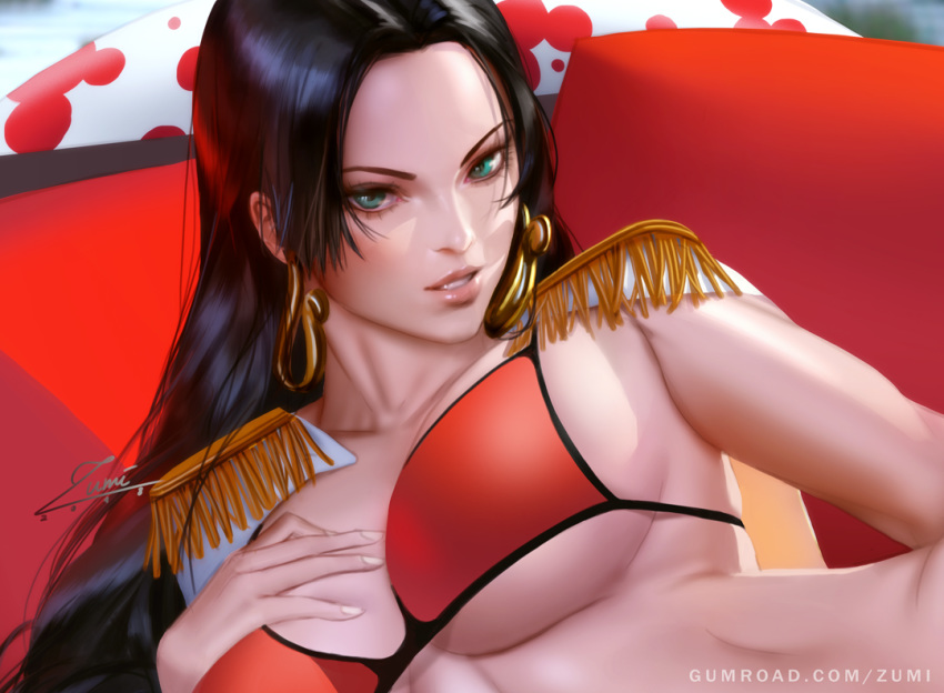 amazon aqua_eyes black_hair boa_hancock breasts cleavage commentary earrings epaulettes hand_on_breast jewelry large_breasts long_hair one_piece pink_lips red_bikini_top salome_(one_piece) shichibukai snake snake_earrings zumi_(zumidraws)