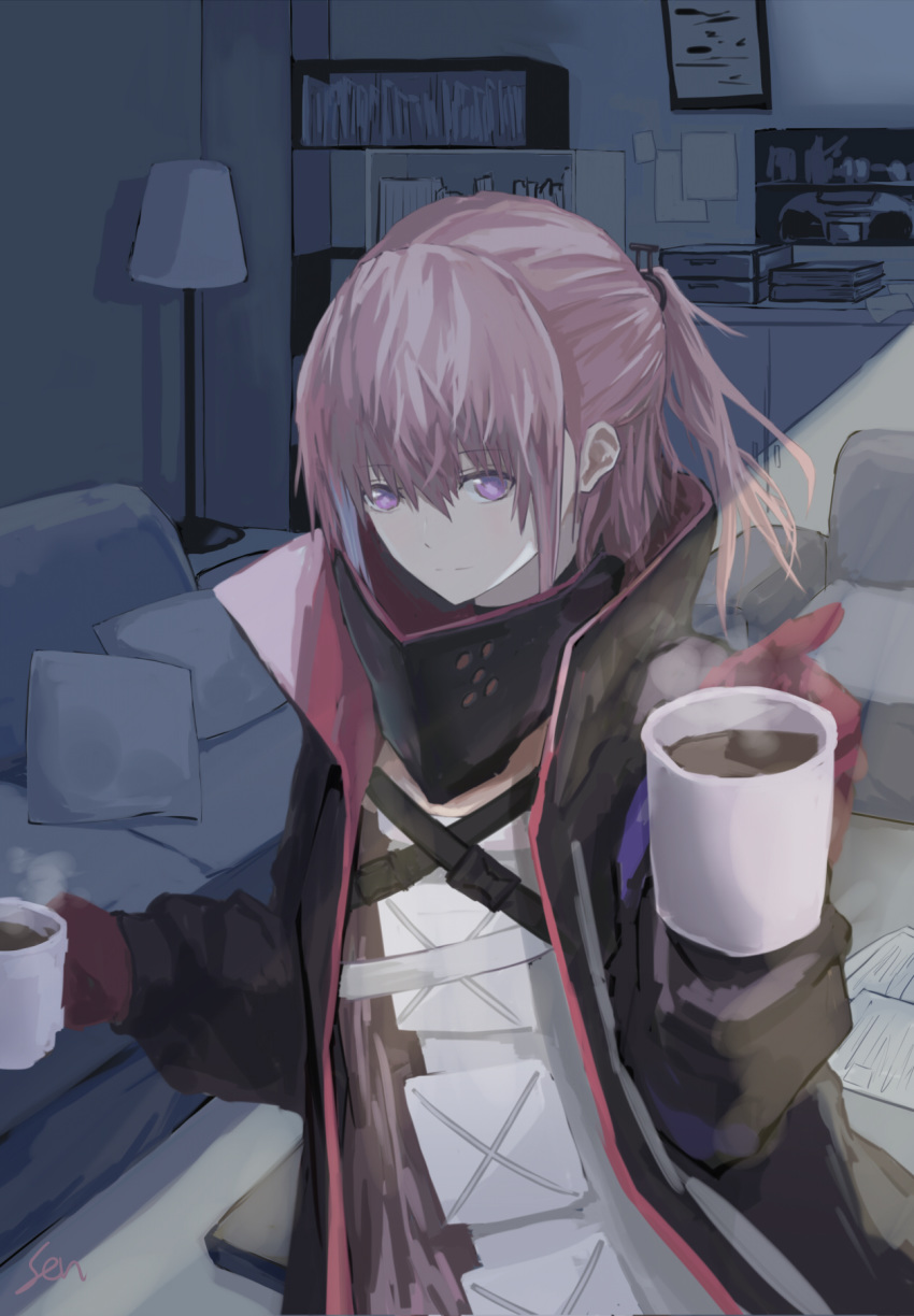 armband armor bangs blue_eyes blue_hair blush closed_mouth coat coffee coffee_mug commentary cup dress drink eyebrows_visible_through_hair floating_hair girls_frontline giving gloves hair_between_eyes hair_ornament highres holding holding_cup indoors lampshade light_smile long_hair looking_at_viewer mod3_(girls_frontline) mug multicolored_hair open_clothes open_coat pink_hair ponytail scarf setsuka_(okuna_sin) sidelocks signature solo st_ar-15_(girls_frontline) steam streaked_hair wind wind_lift