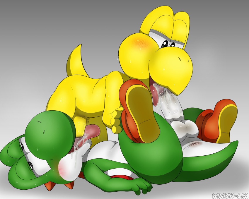 69_position anthro anthro_on_anthro anus balls big_nose blush butt clothing cum cum_in_mouth cum_inside cum_on_penis cum_on_tongue duo erection fellatio footwear green_yoshi hi_res humanoid_penis koopa koopa_troopa lying male male/male mario_bros nintendo nude on_back on_ground on_top open_mouth oral orgasm penis reptile saliva scalie sex shoes smile spread_legs spreading sweat tongue tongue_out turtle uncut video_games winick-lim yoshi