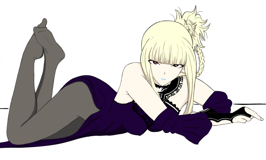 aoki_hagane_no_arpeggio bangs blonde_hair blue_lipstick blunt_bangs bridal_gauntlets closed_mouth detached_sleeves dress grey_legwear highres kongou_(aoki_hagane_no_arpeggio) lace lace-trimmed_dress legs legs_up lipstick looking_at_viewer lying makeup no_shoes on_stomach pantyhose red_eyes retororoketto side_ponytail side_slit sidelocks simple_background solo the_pose tsurime white_background