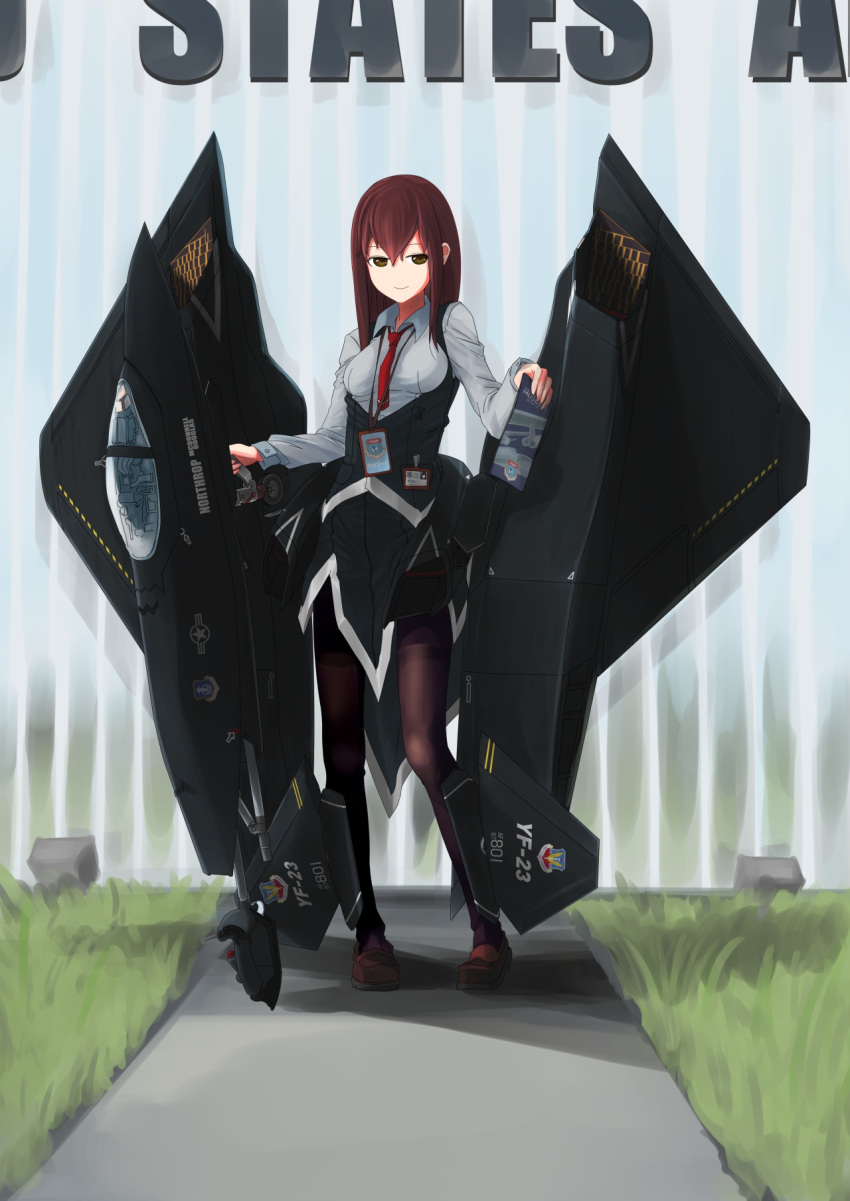 bangs black_skirt breasts brochure brown_eyes brown_hair dress_shirt highres id_card long_hair mary_janes mecha_musume medium_breasts military necktie office_lady pantyhose sate shirt shoes skirt solo thighband_pantyhose vest yf-23