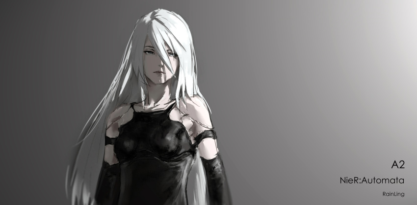 absurdres android armlet artist_name black_gloves blue_eyes commentary elbow_gloves gloves hair_between_eyes highres lingear nier_(series) nier_automata robot_joints silver_hair solo tank_top title yorha_type_a_no._2