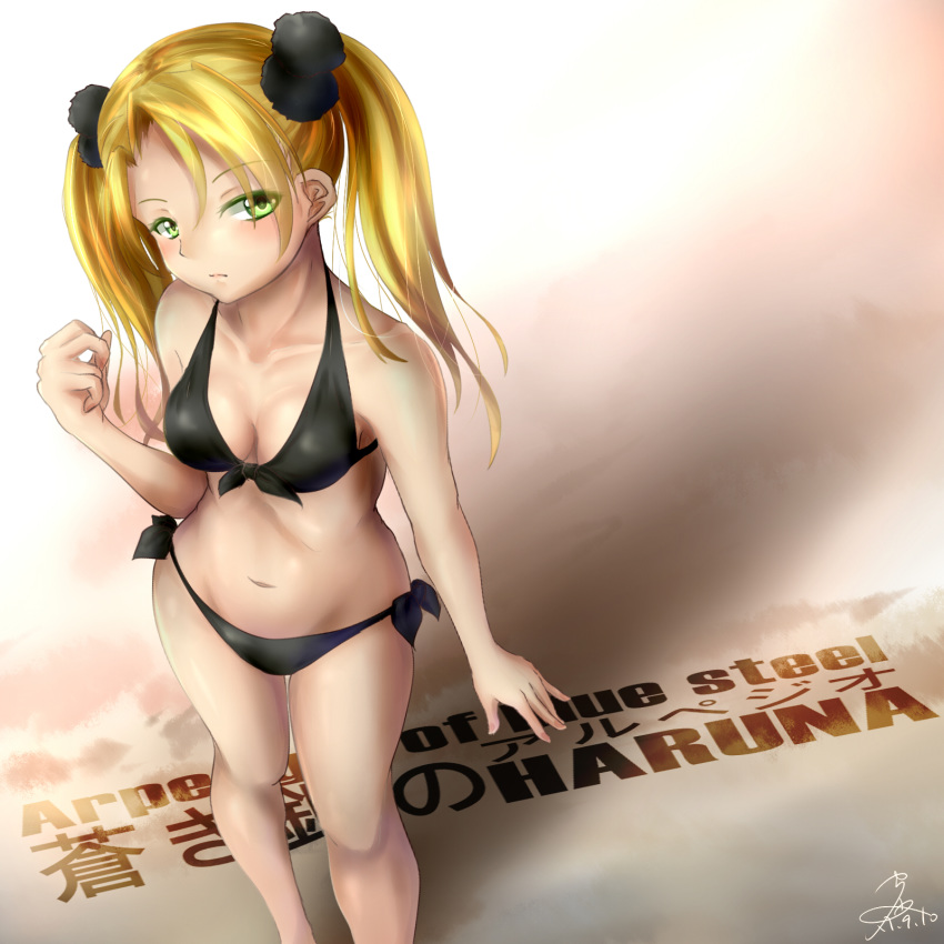 aoki_hagane_no_arpeggio beach bikini blonde_hair breasts character_name cleavage closed_mouth collarbone commentary_request copyright_name cowboy_shot dated fingernails green_eyes hair_bobbles hair_intakes hair_ornament haruna_(aoki_hagane_no_arpeggio) highres hips legs long_hair looking_at_viewer navel sand seiya_(iiseven) side-tie_bikini signature solo swimsuit twintails