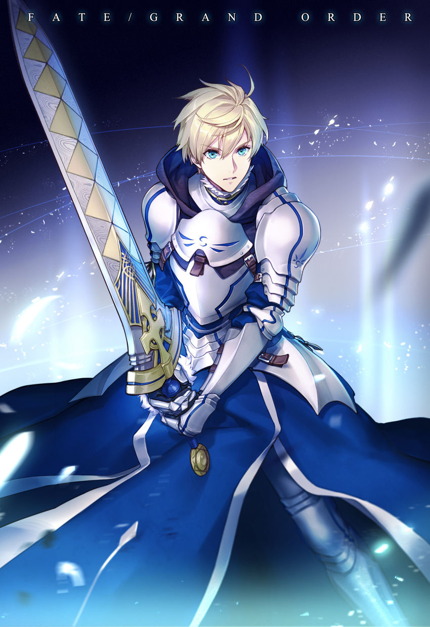 absurdres aqua_eyes armor armored_boots armored_dress arthur_pendragon_(fate) blonde_hair blue_dress boots copyright_name dress esha fate/grand_order fate/prototype fate_(series) gauntlets hair_between_eyes highres holding holding_sword holding_weapon looking_at_viewer male_focus parted_lips shoulder_armor solo spaulders standing sword weapon