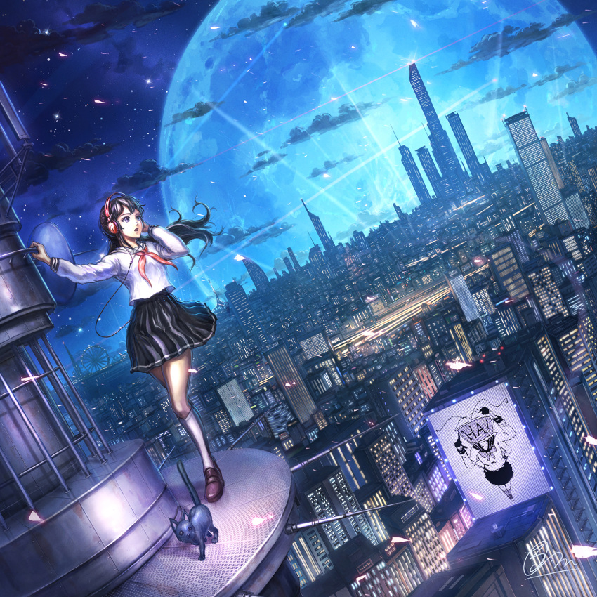 album_cover black_hair black_skirt brown_eyes brown_footwear building cat commentary cover dutch_angle echo_(vocaloid) floating_hair full_body hand_in_hair hand_on_headphones headphones highres kneehighs long_hair miniskirt moon neckerchief night original outdoors pleated_skirt red_neckwear school_uniform serafuku shiki_makoto shirt shoes skirt solo standing white_legwear white_shirt