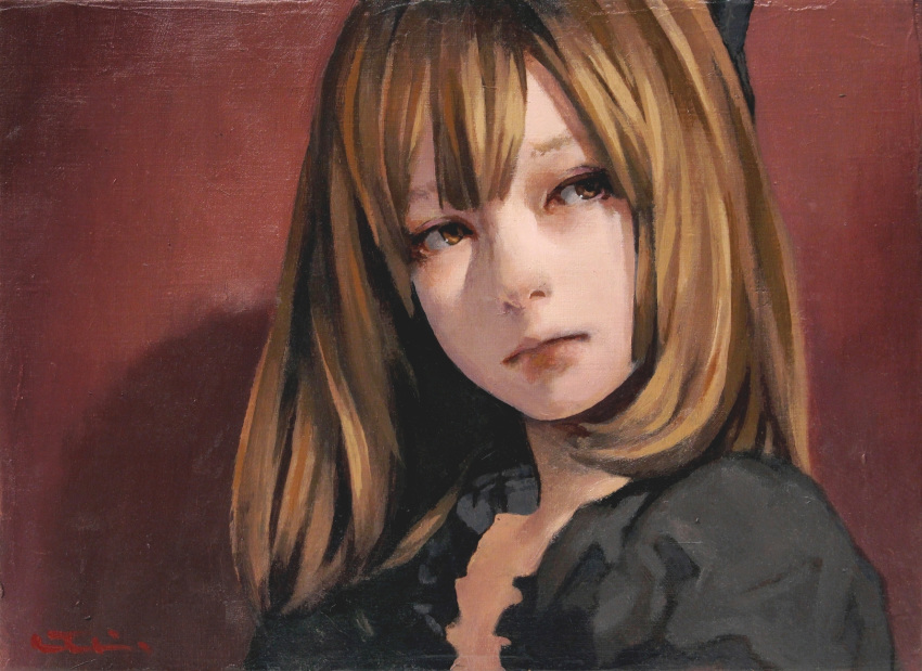 bow brown_eyes brown_hair canvas_(medium) frilled_shirt_collar frills hair_bow head_tilt highres imai_takahiro lips long_hair looking_to_the_side oil_painting_(medium) original portrait red_background serious shadow signature simple_background solo texture traditional_media