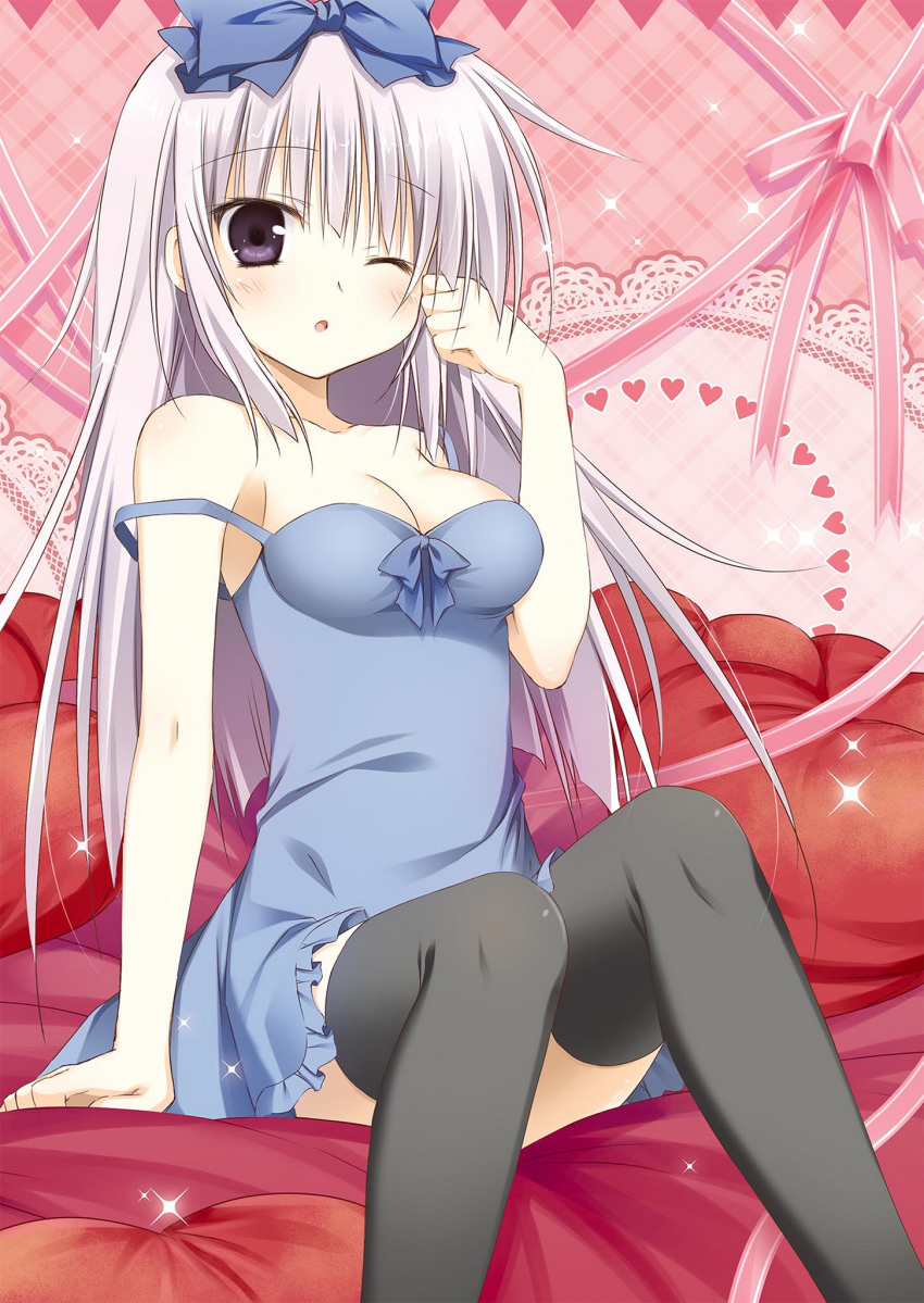 airi_(alice_or_alice) alice_or_alice arm_support black_legwear blue_bow blue_dress blush bow breasts cleavage collarbone dress eyebrows_visible_through_hair floating_hair frilled_dress frills hair_between_eyes hair_bow heart heart_pillow highres korie_riko long_hair medium_breasts one_eye_closed open_mouth pillow pink_ribbon purple_eyes red_pillow ribbon short_dress silver_hair sitting sleeveless sleeveless_dress solo sparkle thighhighs very_long_hair zettai_ryouiki