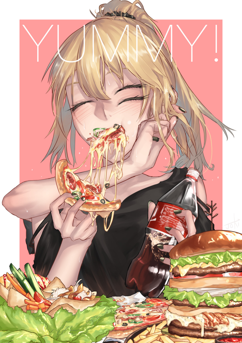 ^_^ bacon bare_shoulders beef black_nails black_scrunchie black_shirt blonde_hair blush bottle cheese closed_eyes coca-cola eating english extra_arms extra_eyes eyelashes fingernails food french_fries hair_ornament hair_scrunchie hamburger happy highres holding holding_bottle holding_food kanjou_jouki long_fingernails medium_hair nail_polish original pink_background pizza plate ponytail salad sauce scrunchie shiny shiny_hair shirt shoulder_cutout simple_background solo tomato upper_body