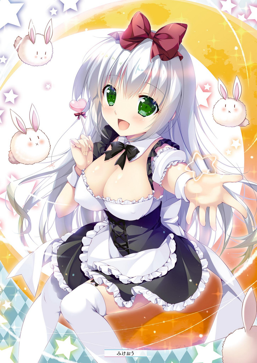 :d alice_or_alice apron arm_strap artist_name black_bow black_neckwear black_skirt blush bow bowtie breasts bunny choker cleavage corset crescent_moon eyebrows_visible_through_hair floating_hair frilled_apron frilled_skirt frills green_eyes hair_between_eyes hair_bow heart_lollipop highres holding_lollipop large_breasts long_hair mikeou miniskirt moon open_mouth outstretched_arm red_bow rise_(alice_or_alice) silver_hair sitting skirt smile solo thighhighs very_long_hair white_apron white_legwear wrist_cuffs