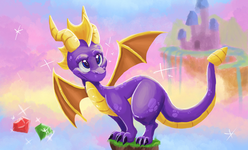 absurd_res all_fours barefoot blue_eyes castle claws cute dragon feral gem hi_res horn ipselight male nude outside purple_skin scales scalie sharp_claws smile solo sparkles spyro spyro_the_dragon toe_claws video_games western_dragon wings