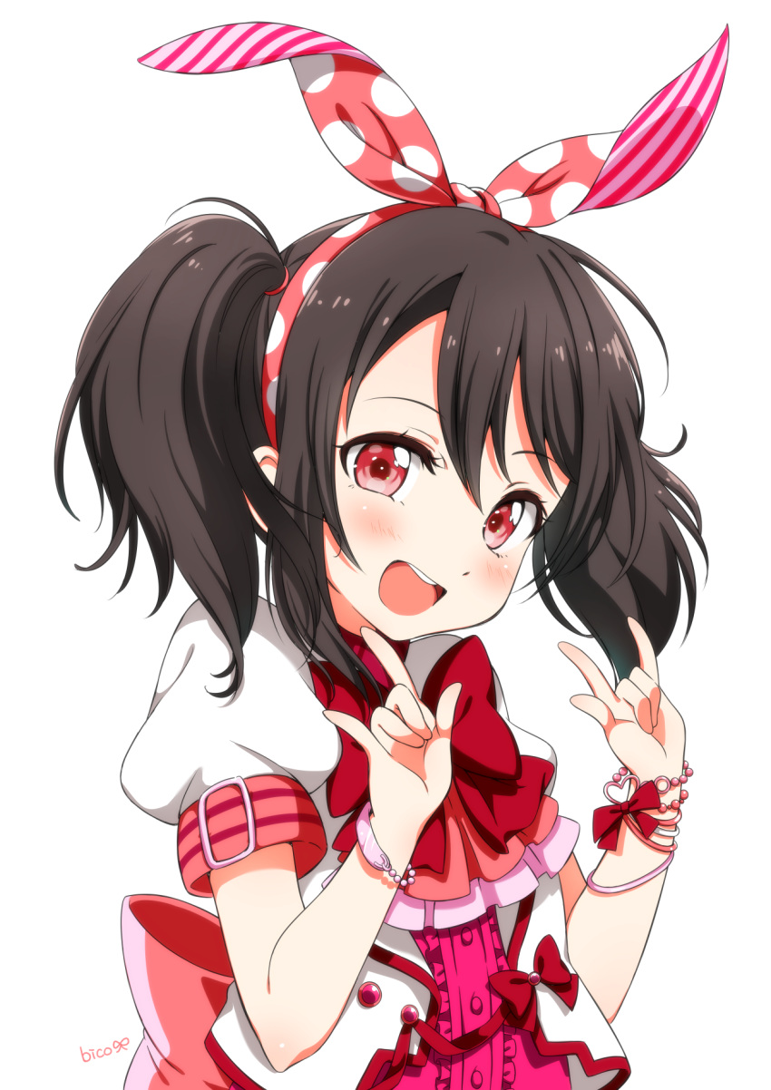 :d \m/ artist_name bangs bico_(bicoris) black_hair blush bow bowtie bracelet center_frills double_\m/ hairband highres jewelry looking_at_viewer love_live! love_live!_school_idol_project open_mouth polka_dot_hairband red_bow red_eyes red_hairband red_neckwear sash short_sleeves sidelocks simple_background smile solo twintails upper_body white_background wrist_bow yazawa_nico