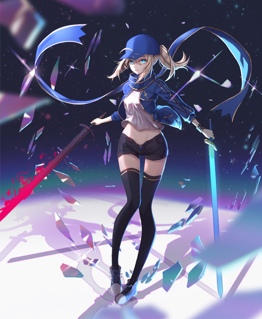 absurdres ahoge artoria_pendragon_(all) bangs baseball_cap black_legwear blonde_hair blue_eyes boots commentary dark_excalibur dual_wielding excalibur fate/grand_order fate_(series) full_body hair_between_eyes hair_through_headwear hat highres holding holding_sword holding_weapon jacket long_hair long_legs looking_at_viewer mysterious_heroine_x navel nebu_(pixiv22443854) open_clothes open_jacket open_shorts ponytail shadow short_shorts shorts sidelocks solo standing sword thighhighs weapon