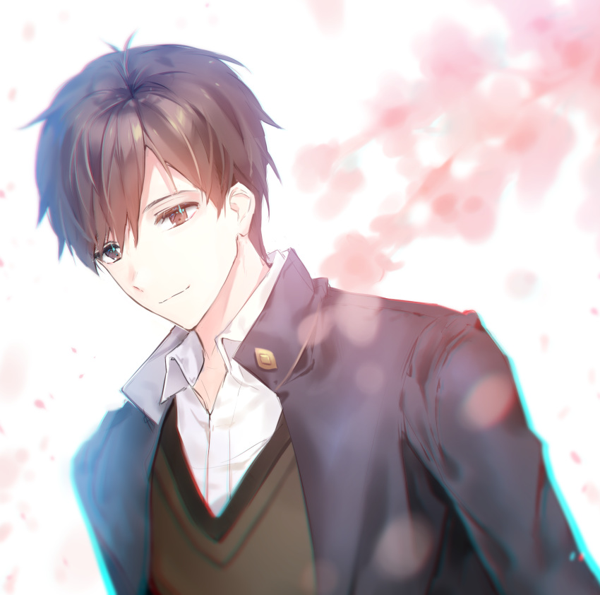 brown_eyes brown_hair cherinova cherry_blossoms closed_mouth commentary_request fate/prototype fate/prototype:_fragments_of_blue_and_silver fate_(series) highres kitano_tatsumi long_sleeves looking_to_the_side pink_petals shirt vest white_background white_shirt