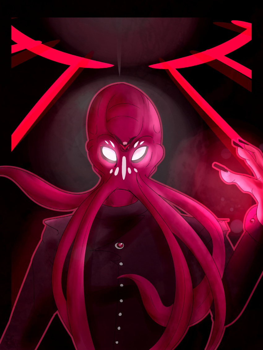 cannibalharpy cephalopod claws clothing creepy emo empty_eyes facial_marks glowing glowing_eyes goth looking_at_viewer magic male marine markings mind_flayer pink_skin solo squid trenchcoat