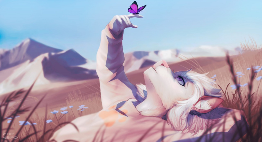 2018 5_fingers alenkavoxis ambiguous_gender anthro arthropod butterfly canine clothed clothing day detailed_background digital_media_(artwork) duo grass hair insect mammal outside pink_nose purple_eyes sky unknowhiter white_hair