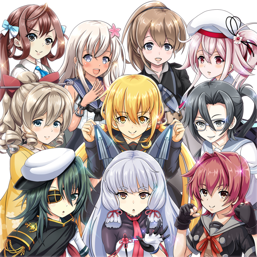 :d amagiri_(kantai_collection) anniversary asagumo_(kantai_collection) beret black_gloves black_hair blonde_hair blue_eyes bow brown_hair cape commentary_request curly_hair drill_hair eyepatch fingerless_gloves glasses gloves hair_bow hair_ribbon harusame_(kantai_collection) hat hatakaze_(kantai_collection) headgear highres intrepid_(kantai_collection) kantai_collection kinu_(kantai_collection) kiso_(kantai_collection) long_hair looking_at_viewer meiji_schoolgirl_uniform multiple_girls murakumo_(kantai_collection) open_mouth orange_eyes pink_hair ponytail red_hair remodel_(kantai_collection) ribbon ro-500_(kantai_collection) satsuki_(kantai_collection) school_swimsuit school_uniform serafuku short_hair side_ponytail silver_eyes silver_hair simple_background smile sparkle swimsuit swimsuit_under_clothes tan tanline tk8d32 twintails white_background yellow_eyes