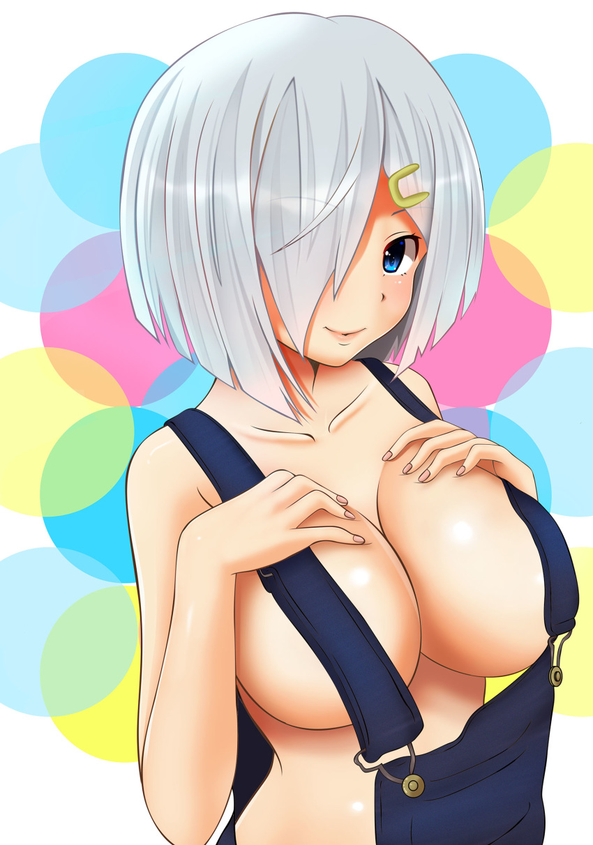 bare_shoulders blue_eyes breasts cleavage collarbone hair_ornament hair_over_one_eye hairclip hamakaze_(kantai_collection) hand_on_own_chest hifumi_kei highres kantai_collection large_breasts looking_at_viewer naked_overalls overalls short_hair silver_hair smile solo upper_body
