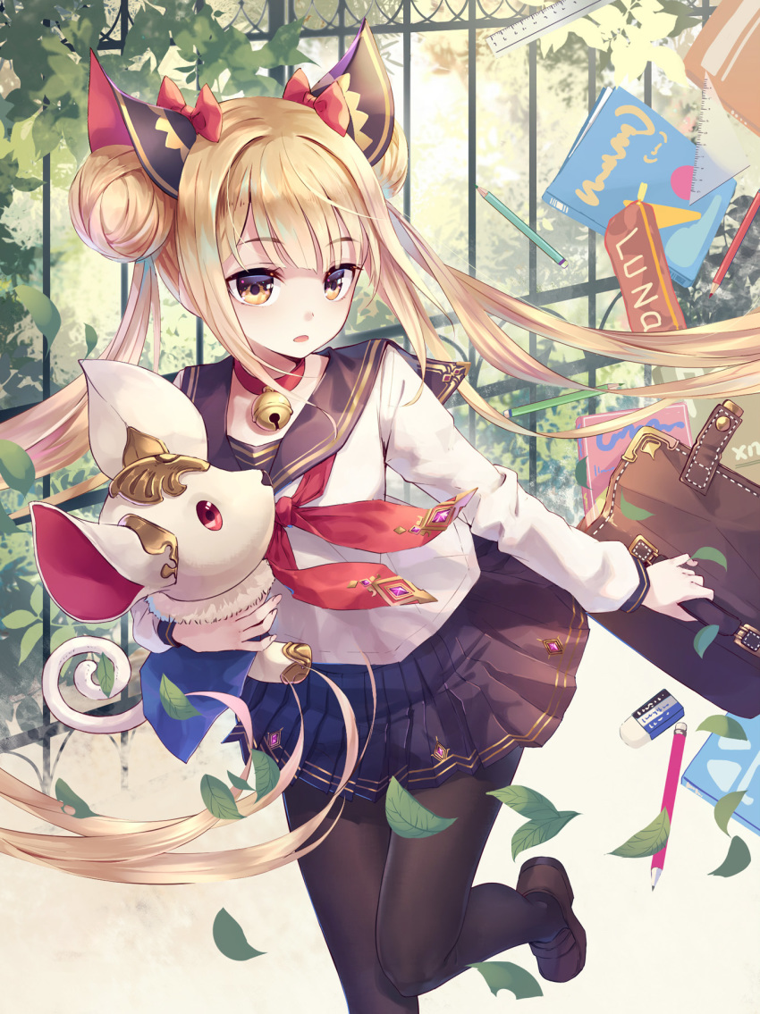 bangs black_legwear black_skirt blonde_hair blush commentary_request double_bun eyebrows_visible_through_hair hair_ornament highres holding long_hair long_sleeves looking_at_viewer luna_(shadowverse) neckerchief pleated_skirt school_uniform serafuku shadowverse skirt solo twintails very_long_hair wait yellow_eyes