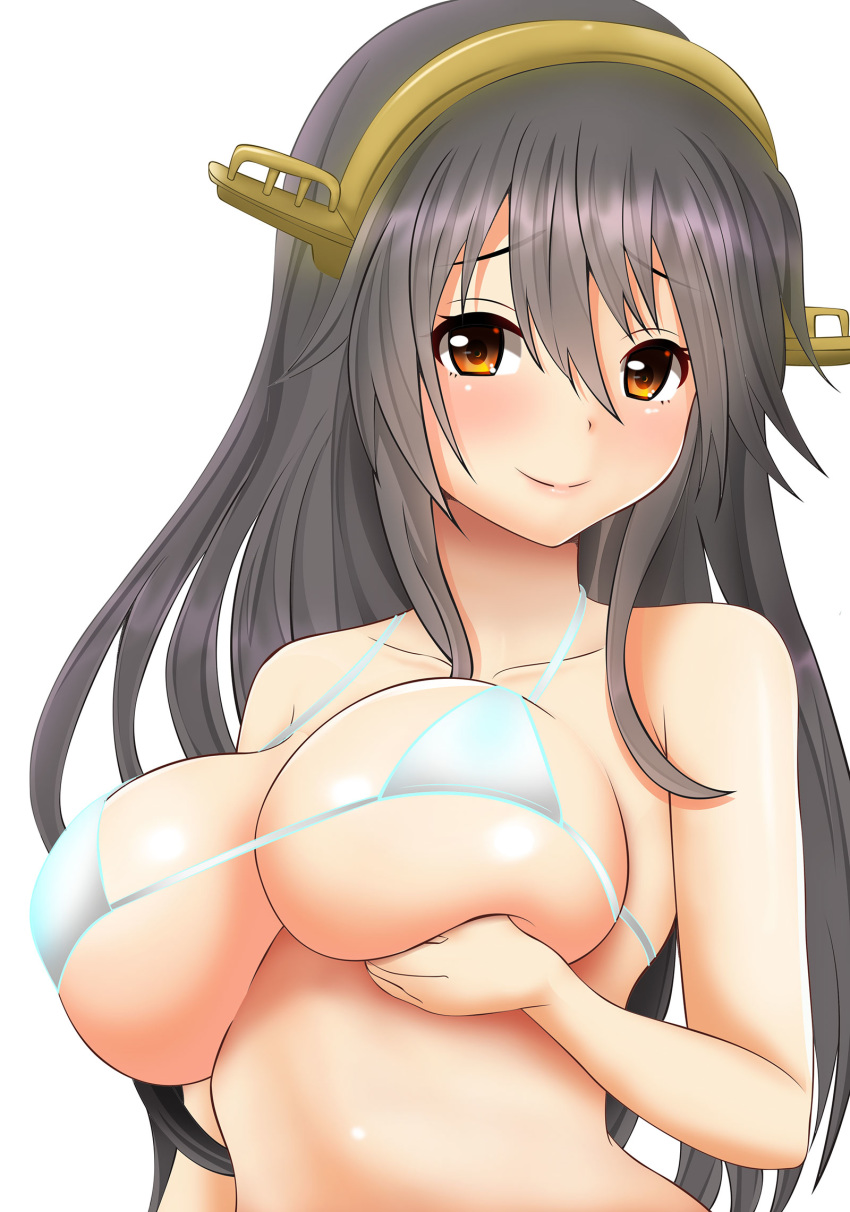 bare_shoulders black_hair blush breast_lift breasts collarbone hair_ornament hairclip haruna_(kantai_collection) headgear hifumi_kei highres kantai_collection large_breasts long_hair looking_at_viewer remodel_(kantai_collection) simple_background smile solo upper_body white_background white_bikini_top