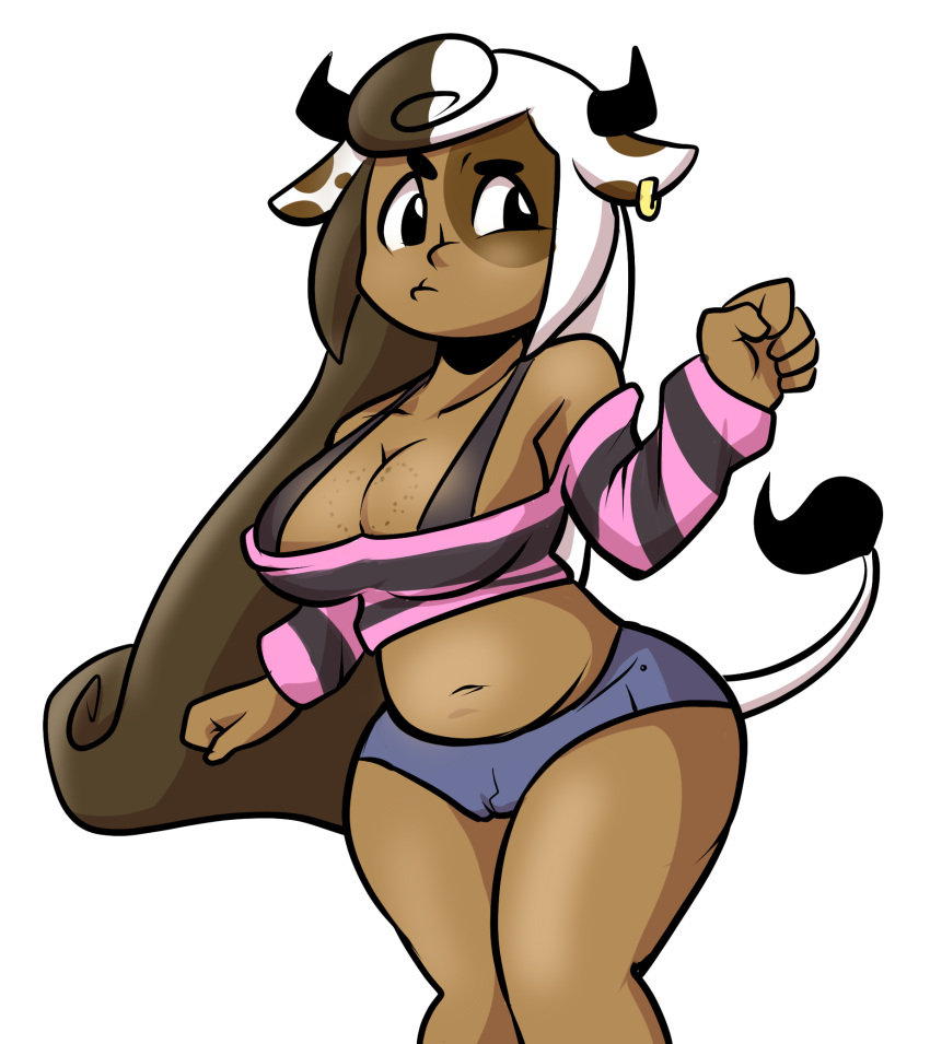 5_fingers anaugi animal_humanoid big_breasts bovine breasts brown_hair brown_skin cleavage clothed clothes_swap clothing cow_humanoid dark_skin denim_shorts ear_piercing female freckles hair hi_res horn humanoid klara_(monster_girl_gamu) long_hair mammal midriff monster_girl_gamu multicolored_hair navel piercing shorts slightly_chubby solo thick_thighs two_tone_hair white_hair wide_hips