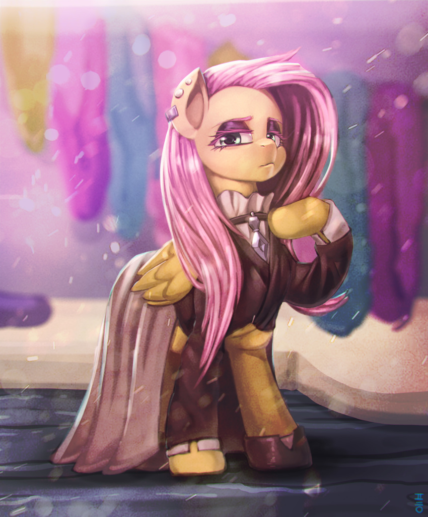 2018 absurd_res clothing ear_piercing equine feathered_wings feathers feral fluttershy_(mlp) friendship_is_magic hair hi_res long_hair looking_at_viewer makreup mammal mrs1989 my_little_pony pegasus piercing pink_hair solo wings