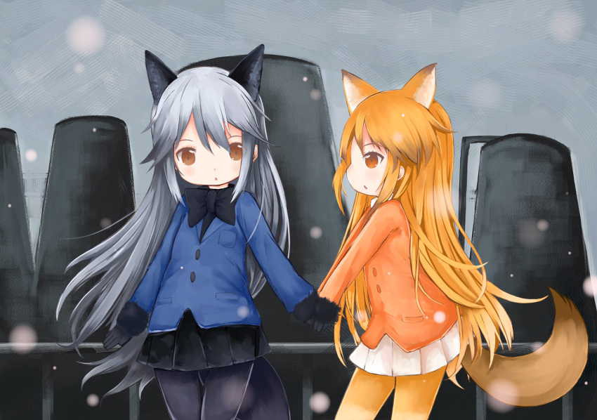 animal_ears black_gloves brown_eyes commentary_request ezo_red_fox_(kemono_friends) fata_(minifata) fox_ears fox_tail fur_trim gloves highres holding_hands kemono_friends long_hair multiple_girls orange_eyes orange_hair pantyhose parted_lips partial_commentary pleated_skirt silver_fox_(kemono_friends) silver_hair skirt tail