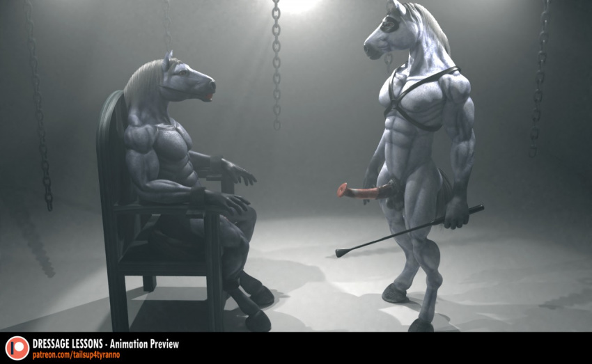 3d_model animal_genitalia animal_penis ball_gag balls bound chain equine equine_penis erection fur gag grey_fur harness horse long_tail male mammal mane mask muscular nude penis realistic tailsup4tyranno whip white_fur