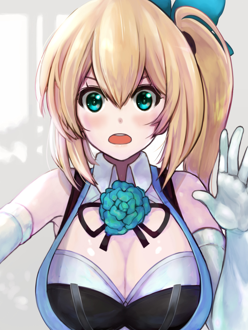 aqua_eyes aqua_rose bangs bare_shoulders black_ribbon blonde_hair blue_ribbon breasts cleavage detached_collar elbow_gloves eyebrows eyelashes flower gloves hair_between_eyes hair_ribbon highres large_breasts long_hair looking_at_viewer mirai_akari mirai_akari_project open_mouth palms ribbon rose sidelocks solo soranaka_ame suspenders tareme teeth virtual_youtuber white_gloves