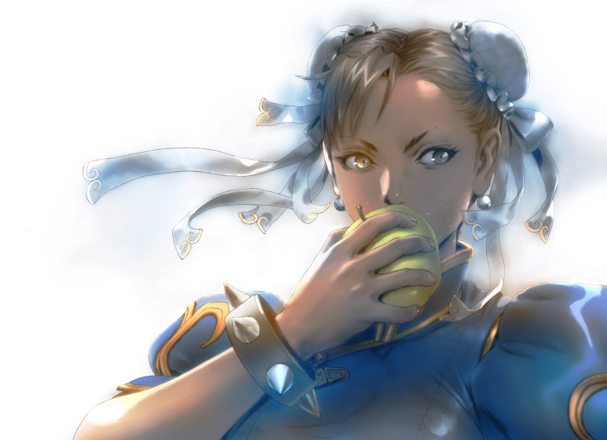 absurdres apple blue_dress bracelet bun_cover china_dress chinese_clothes chun-li commentary_request double_bun dress earrings eating food frills fruit grey_eyes highres holding holding_food holding_fruit jewelry looking_to_the_side puffy_sleeves spiked_bracelet spikes street_fighter street_fighter_iv_(series) street_fighter_v upper_body yasuda_akira