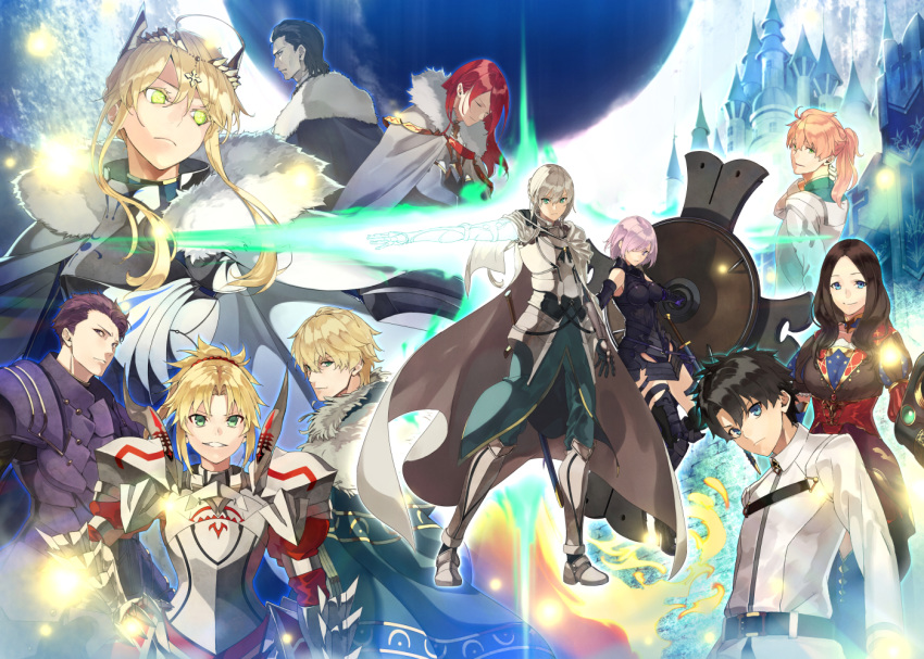 6+boys agravain_(fate/grand_order) akamiso_(k074510) armor artoria_pendragon_(all) artoria_pendragon_(lancer) bedivere black_hair blonde_hair blue_eyes breastplate cape castle chaldea_uniform energy_sword fate/grand_order fate_(series) fujimaru_ritsuka_(male) fur_trim gawain_(fate/extra) gawain_(fate/grand_order) green_eyes knight knights_of_the_round_table_(fate) lancelot_(fate/grand_order) leonardo_da_vinci_(fate/grand_order) mash_kyrielight mordred_(fate)_(all) multiple_boys multiple_girls purple_hair romani_archaman sheath sheathed shield sword tristan_(fate/grand_order) weapon