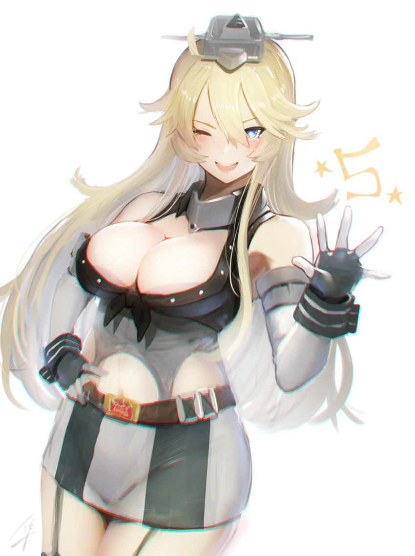 5 armpits bangs belt blonde_hair blue_eyes blush breasts buckle cleavage commentary_request cowboy_shot elbow_gloves eyebrows_visible_through_hair fingerless_gloves floating_hair front-tie_top garter_straps gloves hair_between_eyes hand_on_hip hand_up hayabusa headgear highres iowa_(kantai_collection) jacket kantai_collection large_breasts long_hair looking_at_viewer messy_hair miniskirt number one_eye_closed open_mouth sidelocks signature simple_background skirt sleeveless_jacket smile solo star star-shaped_pupils symbol-shaped_pupils thighs white_background