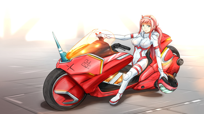 akira anomonny aqua_eyes biker_clothes bikesuit bodysuit breasts commentary darling_in_the_franxx ground_vehicle hairband helmet highres holding holding_helmet horns large_breasts long_hair looking_at_viewer motor_vehicle motorcycle on_motorcycle pink_hair ponytail sitting skin_tight solo white_bodysuit white_hairband zero_two_(darling_in_the_franxx)