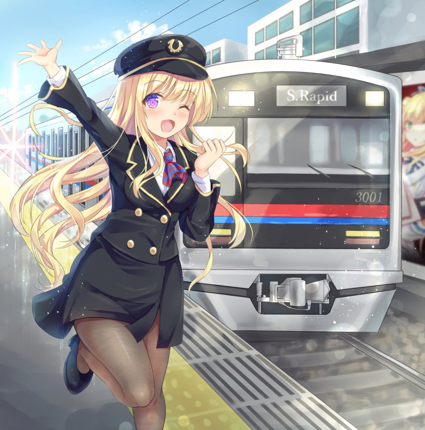 ;d arm_up ascot bangs black_footwear black_hat black_jacket black_skirt blonde_hair blue_sky blush brown_legwear building cloud collared_shirt commentary_request day eyebrows_visible_through_hair ground_vehicle hair_between_eyes hand_up hat high_heels highres jacket long_hair long_sleeves looking_at_viewer nagare_yoshimi one_eye_closed open_mouth original outdoors outstretched_arm overhead_line pantyhose peaked_cap purple_eyes railroad_tracks shirt shoes skirt sky smile solo standing standing_on_one_leg striped striped_neckwear train train_conductor train_station train_station_platform uniform very_long_hair white_shirt