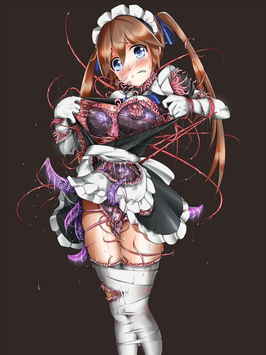 apron bangs bdsm black_background blue_eyes blush bondage bound bound_legs breasts brown_hair clenched_teeth commentary_request frown fumi11gou head_tilt highres legs_together living_clothes maid maid_apron maid_headdress medium_breasts nipples original simple_background solo standing struggling tears teeth tentacle_clothes tentacles twintails waist_apron