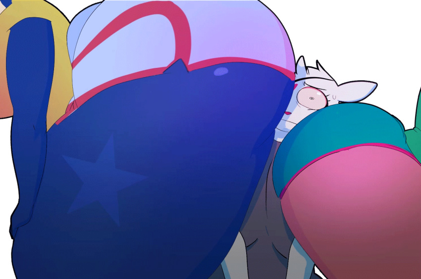 2018 animated anthro ass_to_face big_breasts big_butt breasts butt capdocks cheryl_(capdocks) clothed clothing eye_patch eyewear faceless_female female female/female fur greninja huge_butt hyper hyper_butt jess_(capdocks) mammal nintendo pok&eacute;mon pok&eacute;mon_(species) raijin_(capdocks) shorts thick_thighs video_games voluptuous white_fur wide_hips zangoose