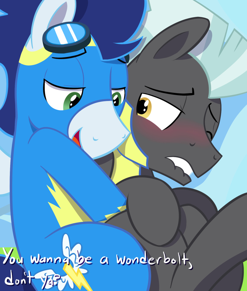 acstlu biting_lip blue_fur blue_hair blush dialogue duo equine feral forced friendship_is_magic fur hair hi_res horse implied_rape male male/male mammal my_little_pony open_mouth pony soarin_(mlp) text thunderlane_(mlp) wonderbolts_(mlp)