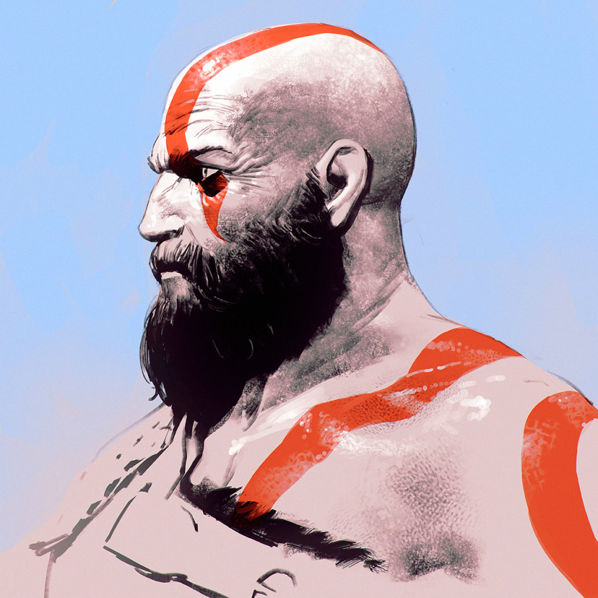 bald beard bodypaint facial_hair god_of_war gradient gradient_background ilya_kuvshinov kratos male_focus pale_skin profile solo tattoo upper_body