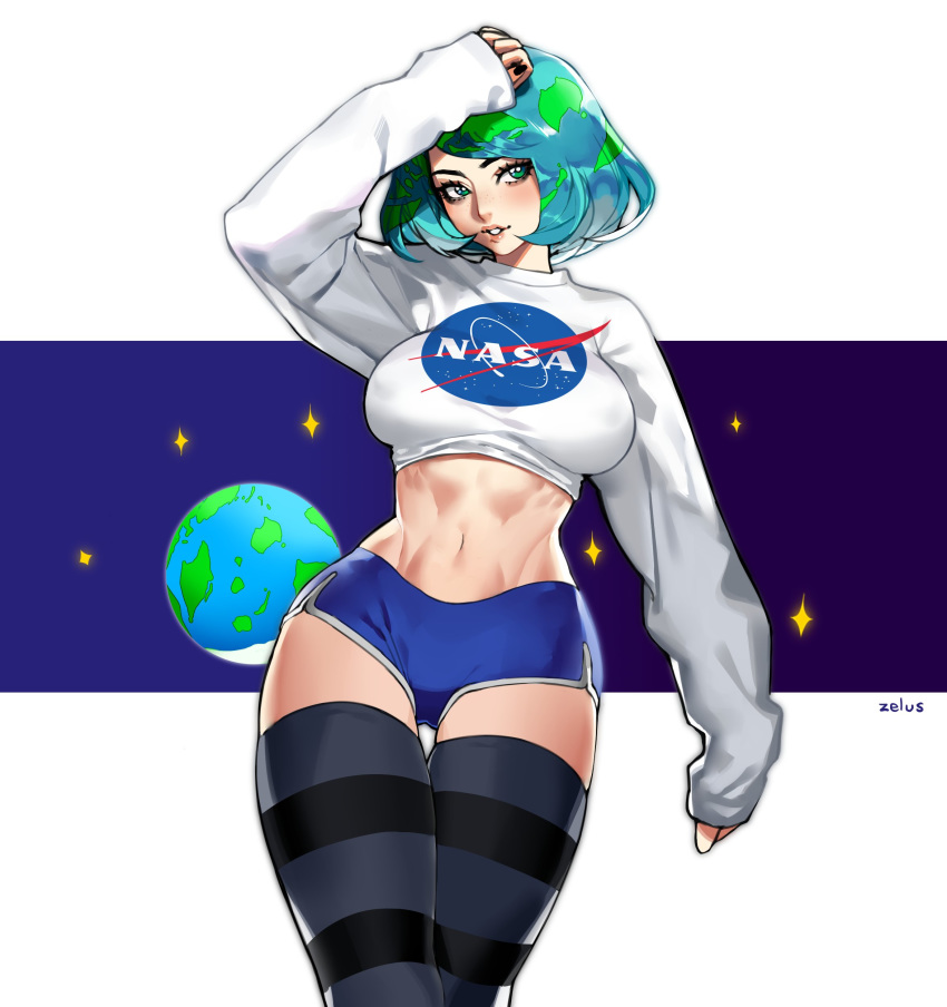 absurdres aqua_hair arm_up baggy_clothes blue_shorts boyshorts breasts commentary cropped_sweater earth earth-chan freckles green_eyes green_hair hand_on_head highres large_breasts looking_at_viewer looking_to_the_side midriff multicolored_hair nasa nasa_logo navel original short_shorts shorts space star stomach sweater thighhighs two-tone_hair universe white_sweater wide_hips zelus