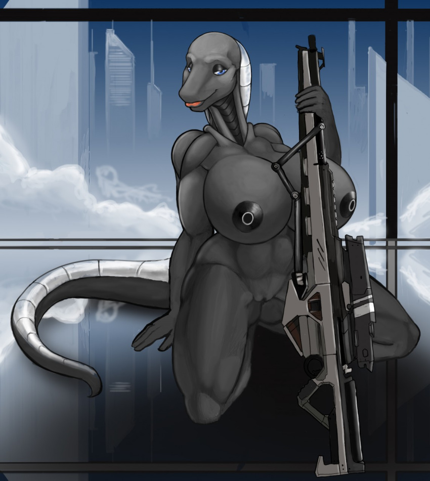 anthro big_breasts breasts cyber_dragon cybernetics cyborg female gun kneeling lizard machine ndragon3 nipples pussy ranged_weapon reptile scalie smile solo thick_thighs voluptuous weapon