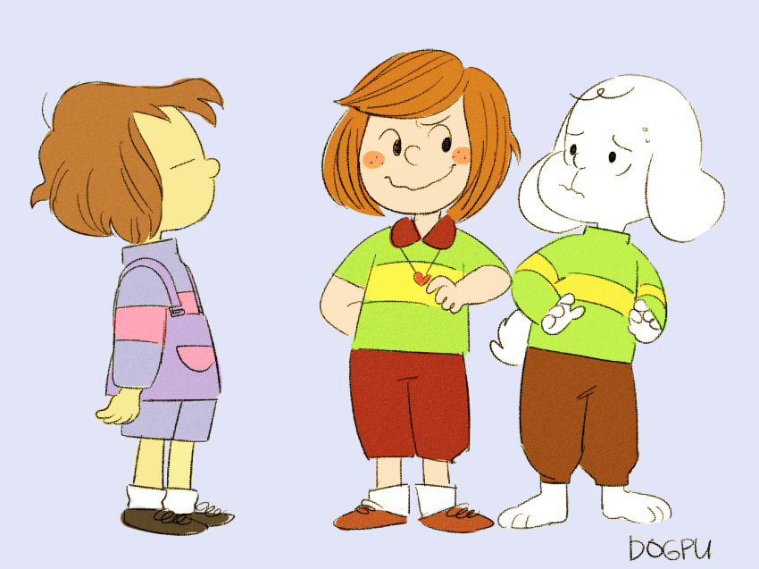 &lt;3 4:3 alternate_form ambiguous_gender anthro asriel_dreemurr boss_monster caprine chara_(undertale) clothed clothing dogpu eyes_closed footwear fully_clothed fur goat group hair happy human locket male mammal peanuts protagonist_(undertale) scared shoes sibling simple_background smile standing style_parody undertale video_games white_fur